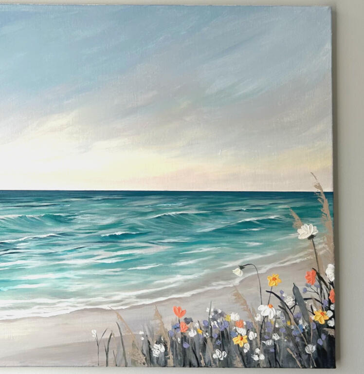 large seascape close up of a larger seascape painting featuring a wide sea view with waves seen from a distance and textured flower bushes