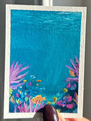 sold underwater aceo sold underwater aceo painting on paper, showing underwater scene, colourful fish and corals. painting is showed held by hand.